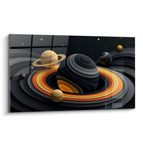 Trou noir anthracite cerné d'anneaux ocre et orange, planètes dorées flottant sur fond étoilé