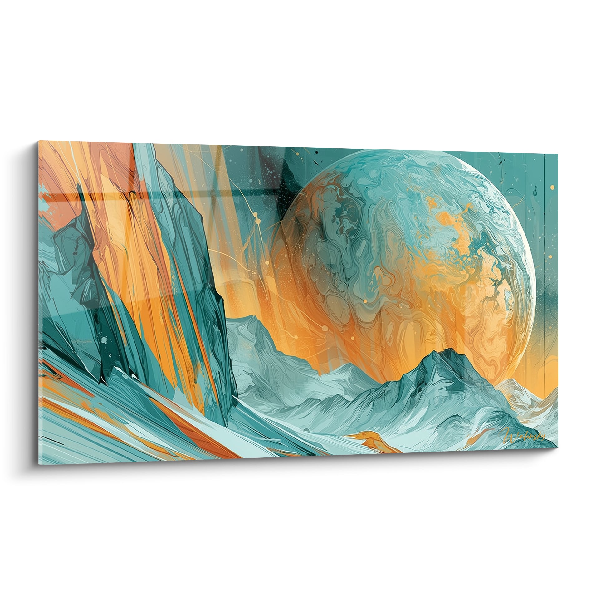 Planète turquoise et ambre surplombant des montagnes glacées, style marbré cosmique lumineux
