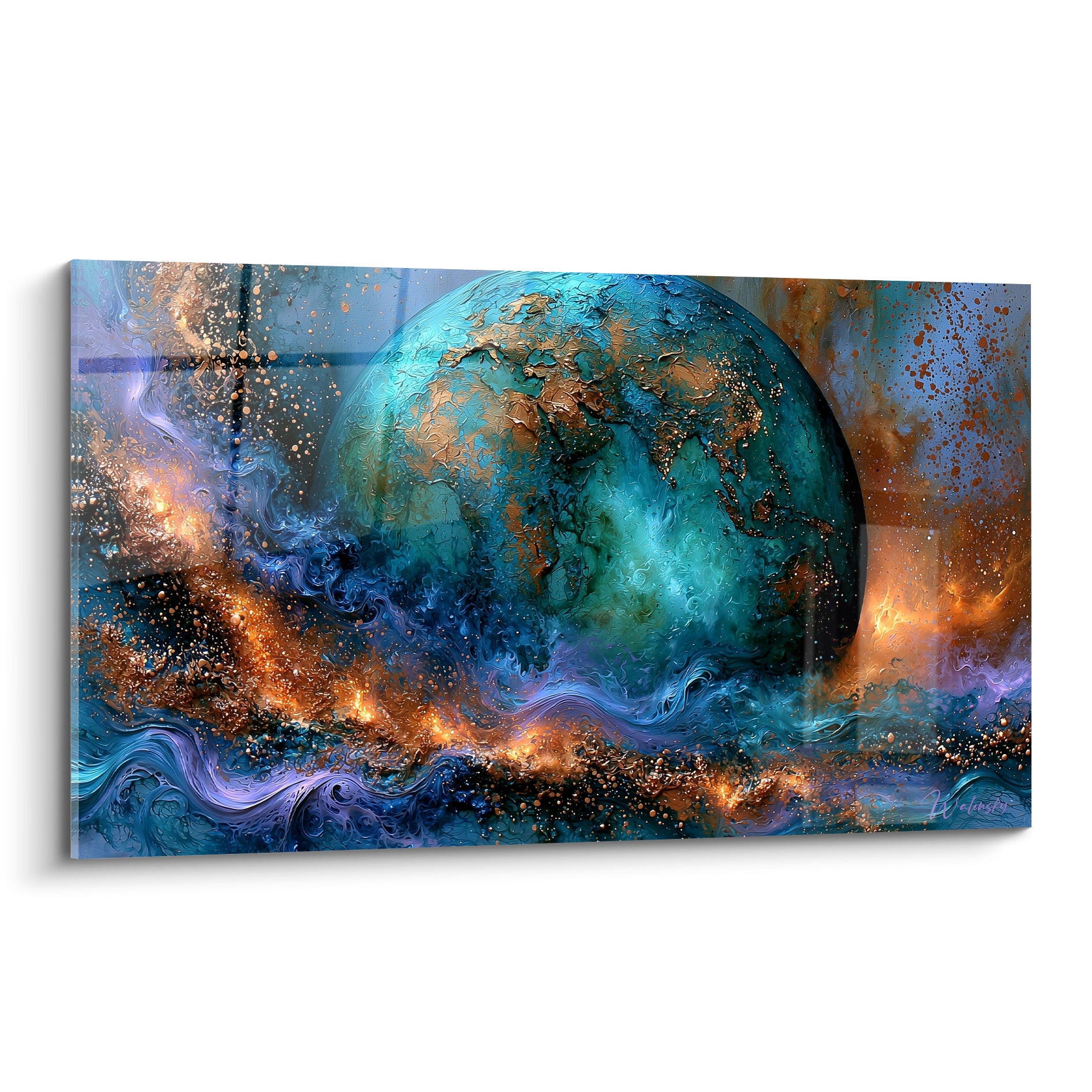 Globe turquoise et cuivré fissuré d'or, entouré de volutes bleu marine incandescentes