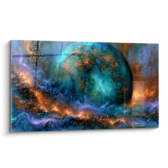 Globe turquoise et cuivré fissuré d'or, entouré de volutes bleu marine incandescentes