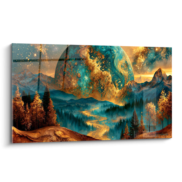 Tableau Planète géante turquoise et dorée sur vallée - Vallée céleste - Edition Planète
