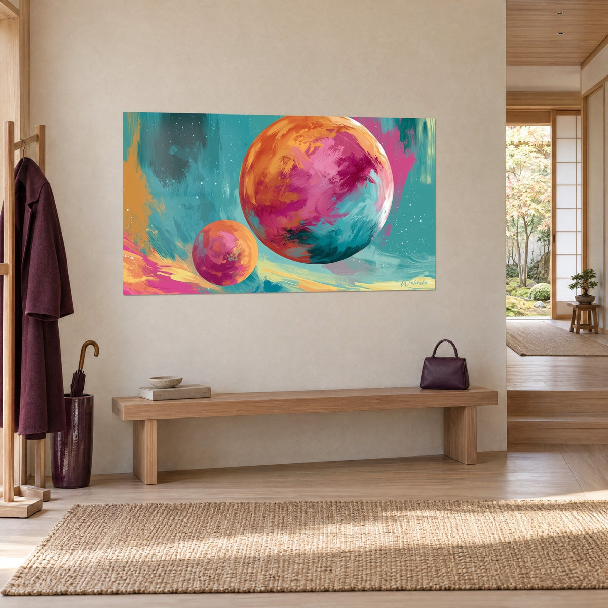 Gemälde rosafuchsiafarbener Planet mit goldenen Pinselstrichen auf türkisfarbenem Sternenhimmel, beige Wand, Holzbank, japandi Eingangsbereich