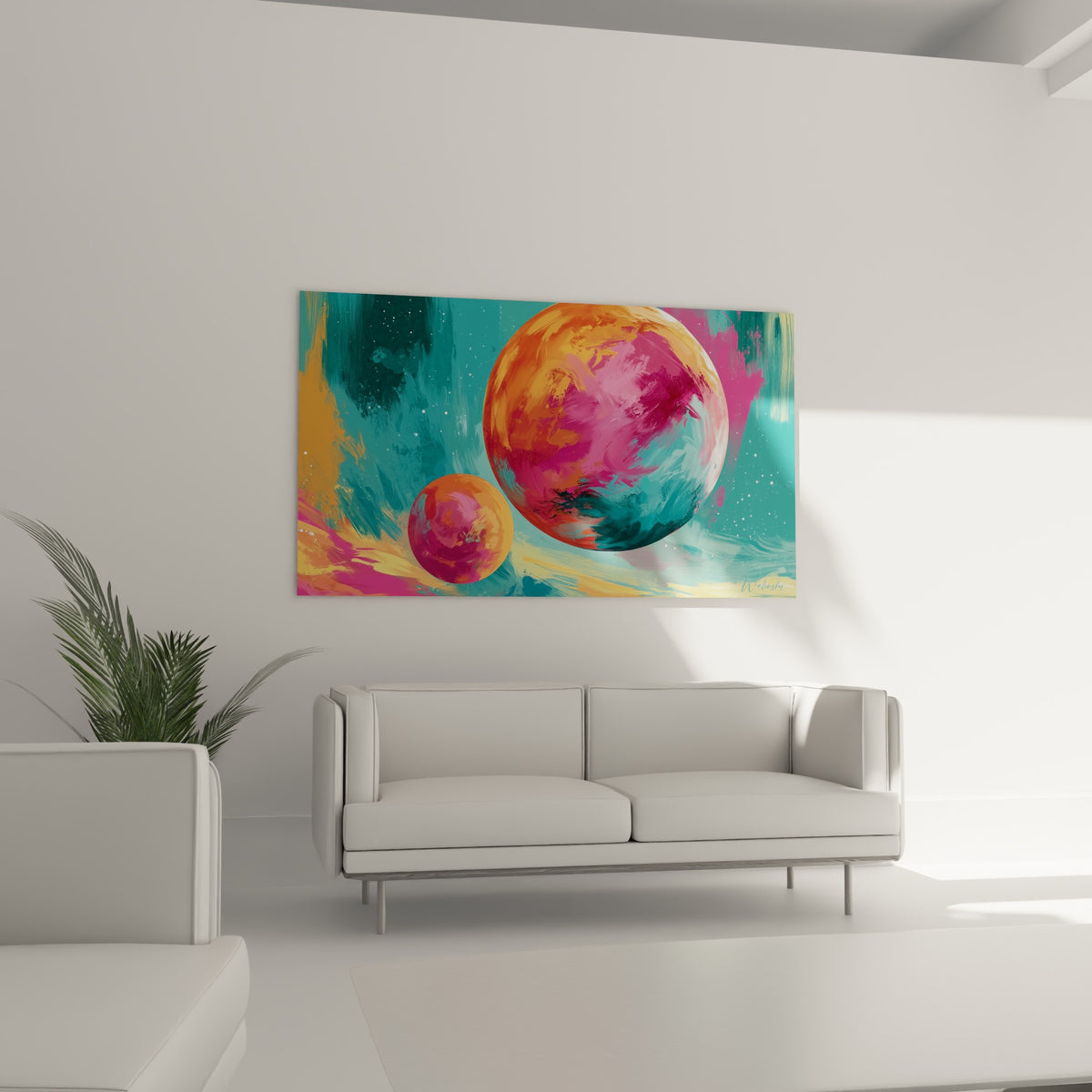 Sphères cosmiques turquoise et magenta, disposées au-dessus d'un canapé dans un salon lumineux