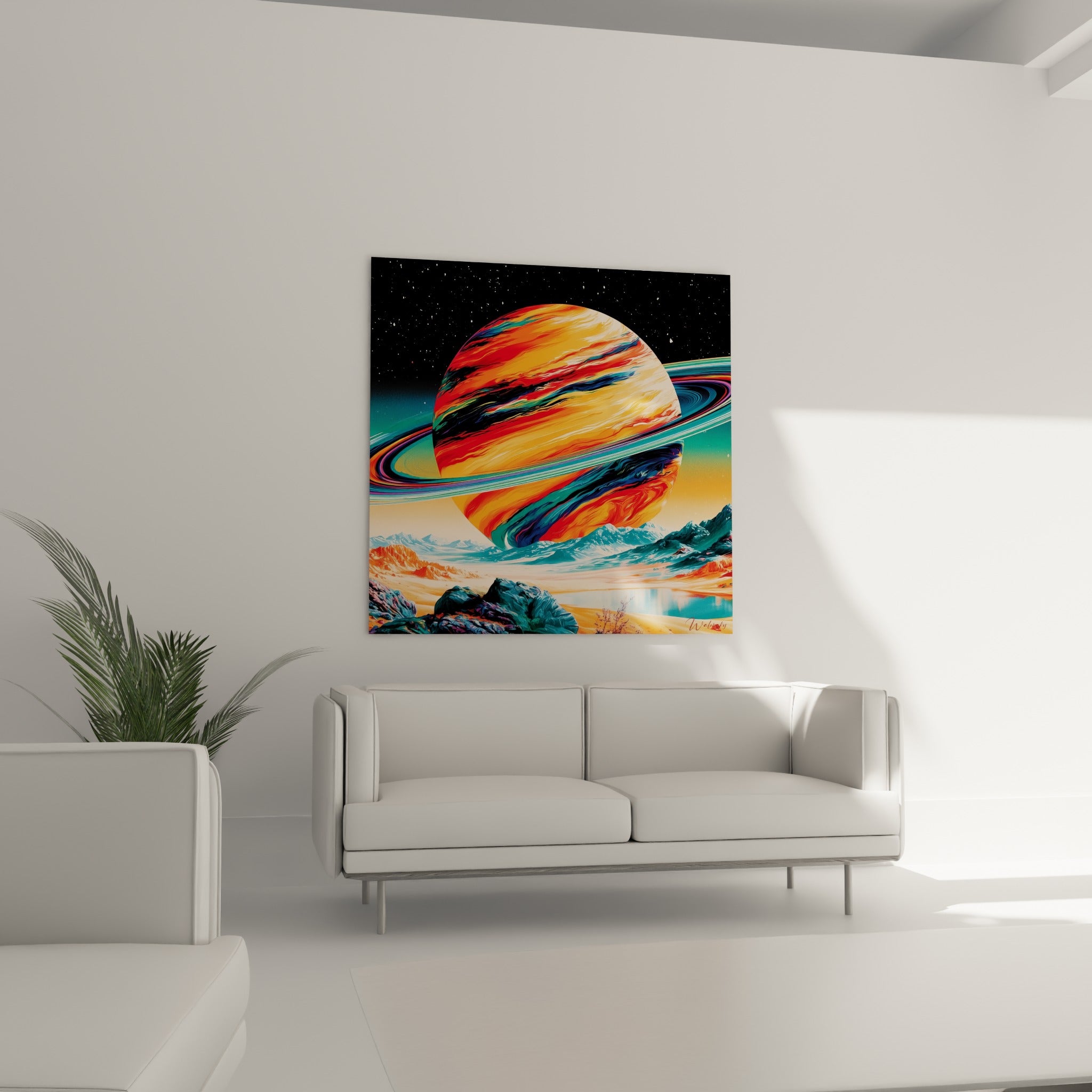 Astre flamboyant aux teintes ocre et bleutées accroché au-dessus d'un canapé dans un salon lumineux