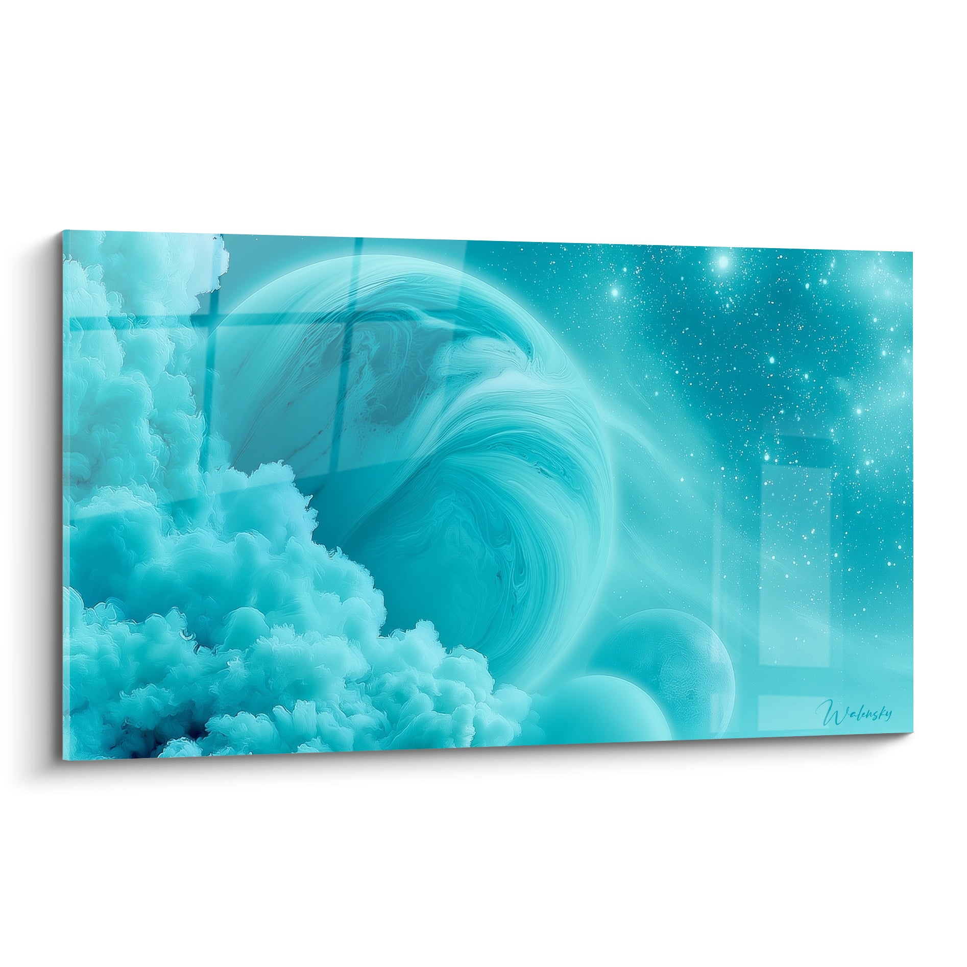 Sphère planète turquoise et bleu pastel entourée de nuages et d'étoiles scintillantes