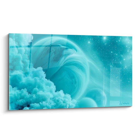 Sphère planète turquoise et bleu pastel entourée de nuages et d'étoiles scintillantes