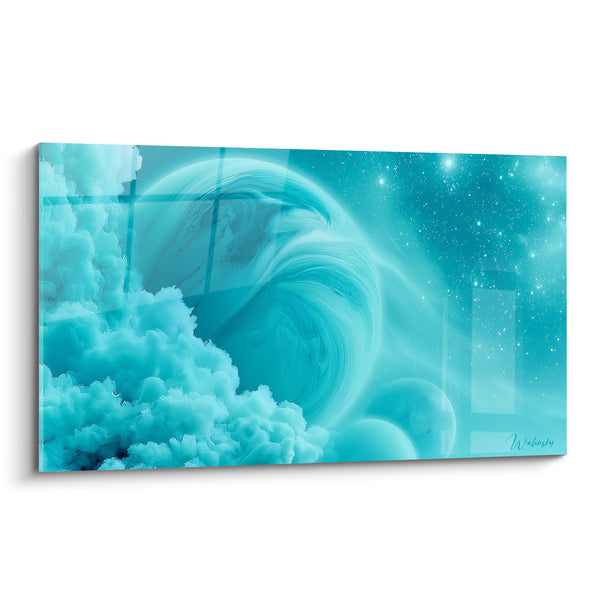 Gemälde Türkis-weiße Sphäre mit ätherischen Wolken - Zwillingsmonde - Edition Planet