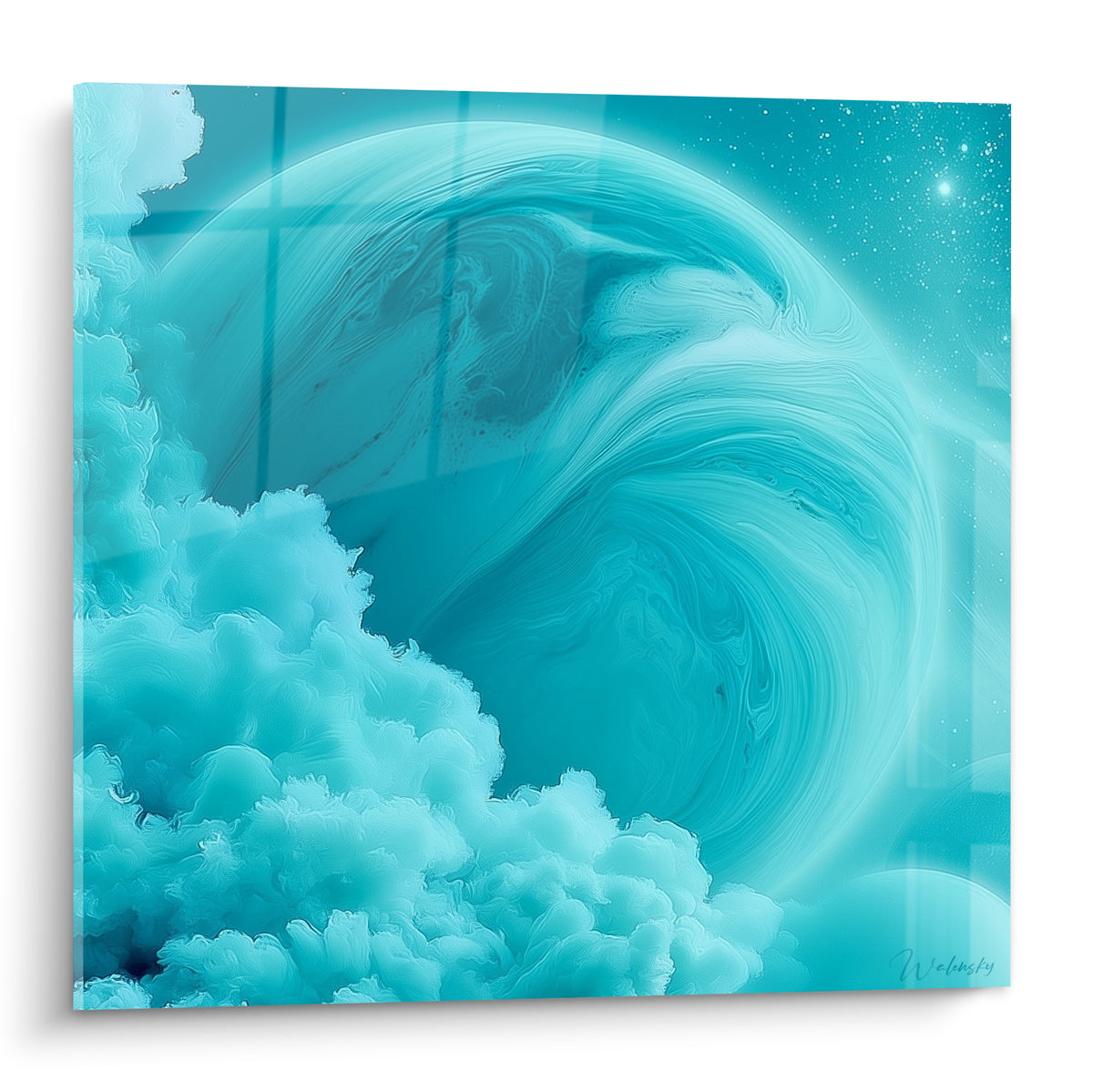 Planète turquoise aux tourbillons fluides et nuages bleu ciel dans un espace étoilé anthracite