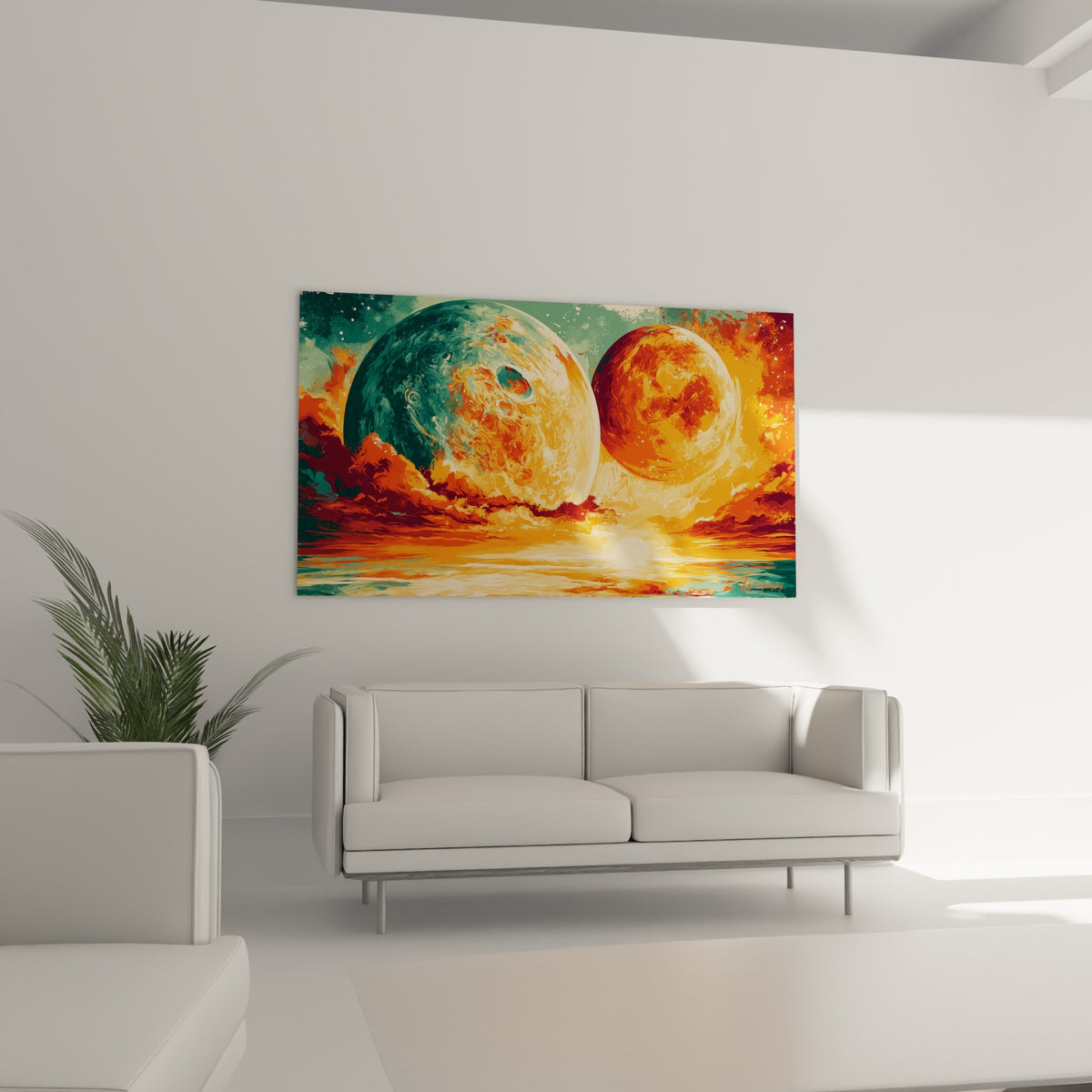 Planètes orange et turquoise en collision picturale trônent au-dessus d'un canapé dans un salon lumineux
