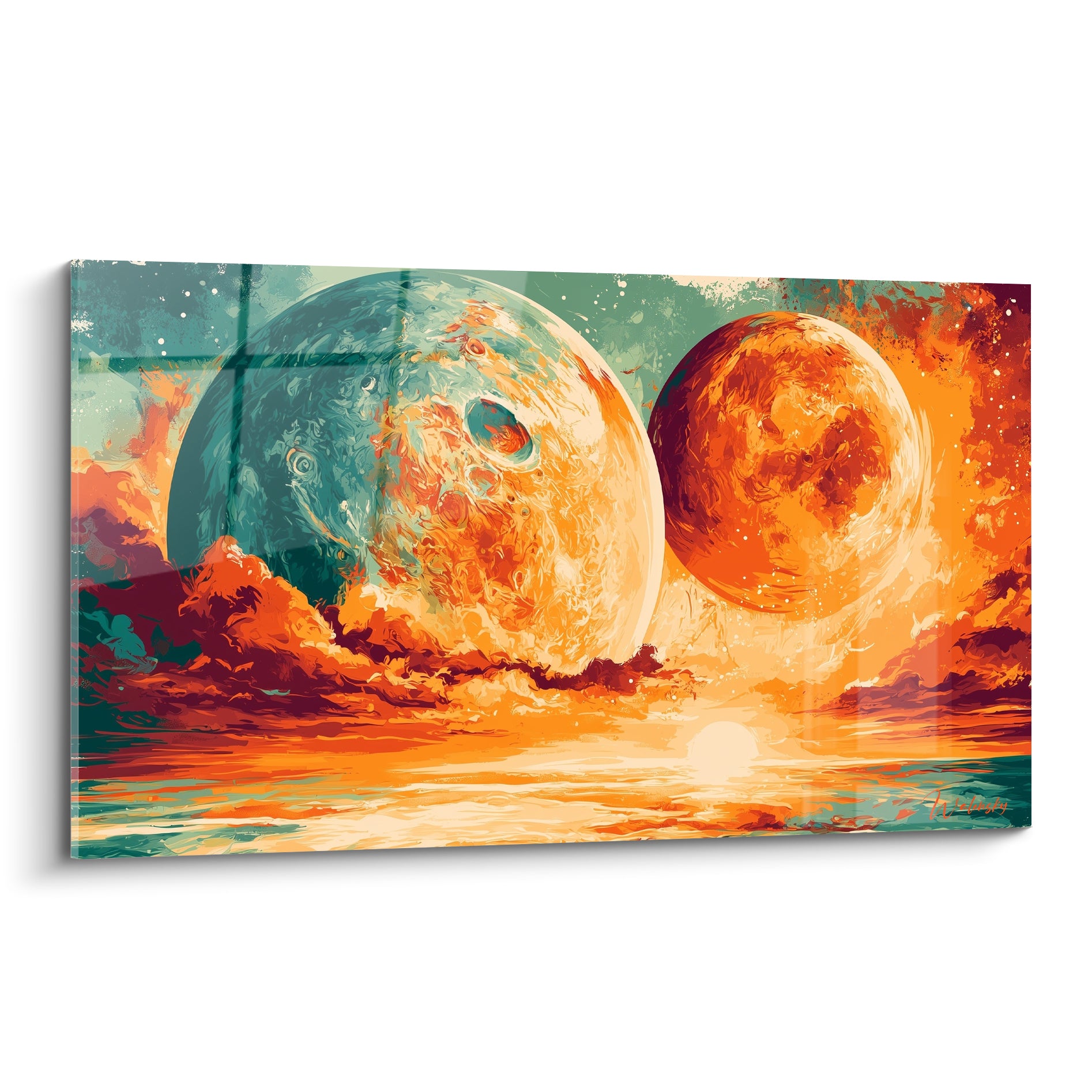 Planète turquoise et planète orange fusionnent en peinture cosmique aux couleurs incandescentes