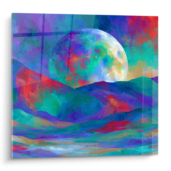 Planète turquoise et violette surplombant des montagnes rouges et bleu marine, peinture texturée à l'huile