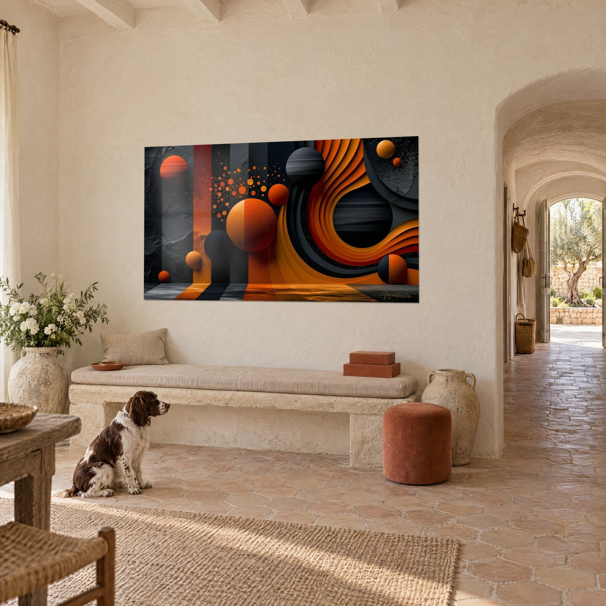 Tableau vortex en spirale aux vagues sculptées orange et anthracite, mur crème, spaniel assis, mas provençal