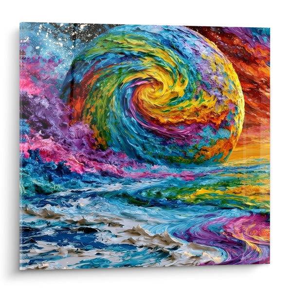 Tableau Sphère tourbillonnante bleue et jaune sur mer d'écume - Vague déferlante multicolore - Edition Planète