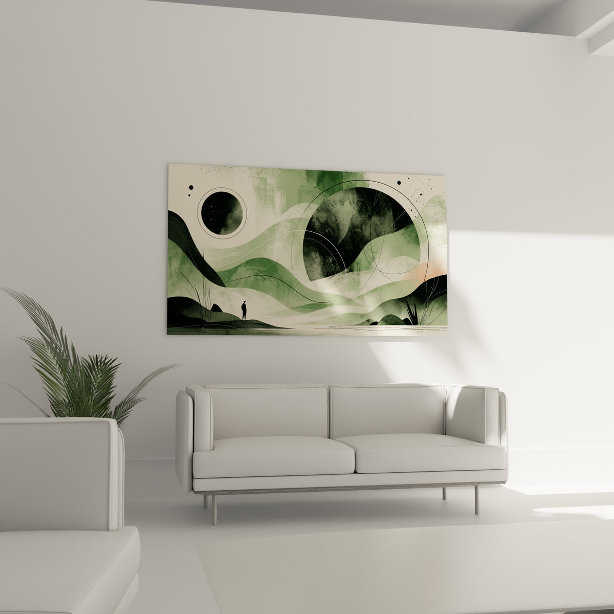 Vagues vertes et cercle anthracite d'un tableau Planète suspendu au-dessus d'un canapé dans un salon lumineux