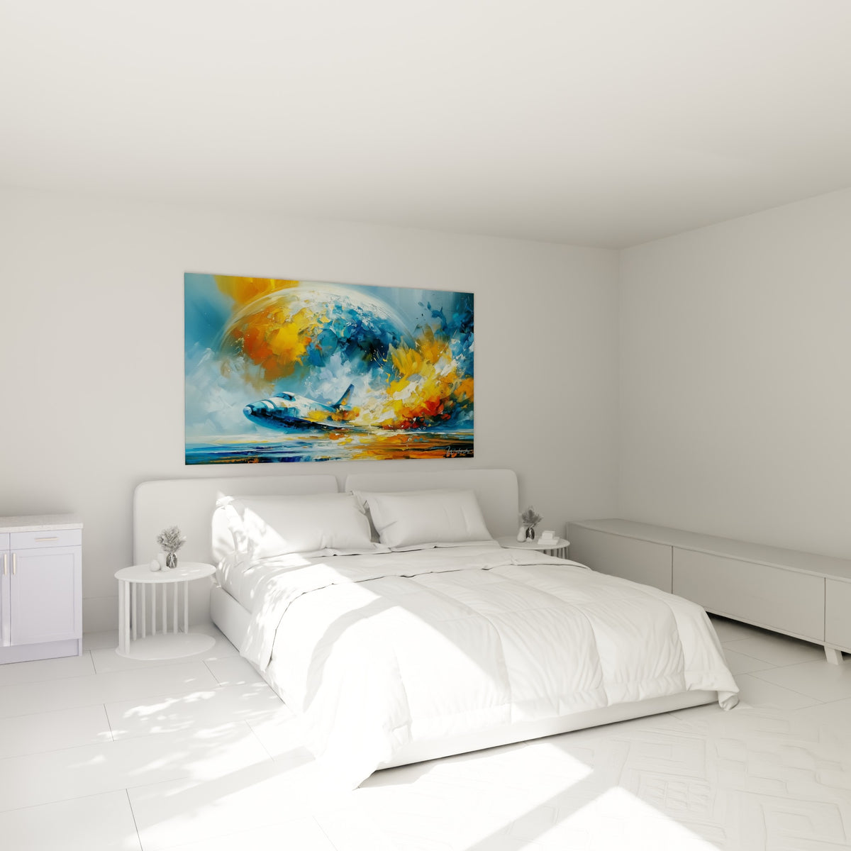 Navette spatiale blanche et bleue fendant des flammes orangées, au-dessus d'un lit dans une chambre claire