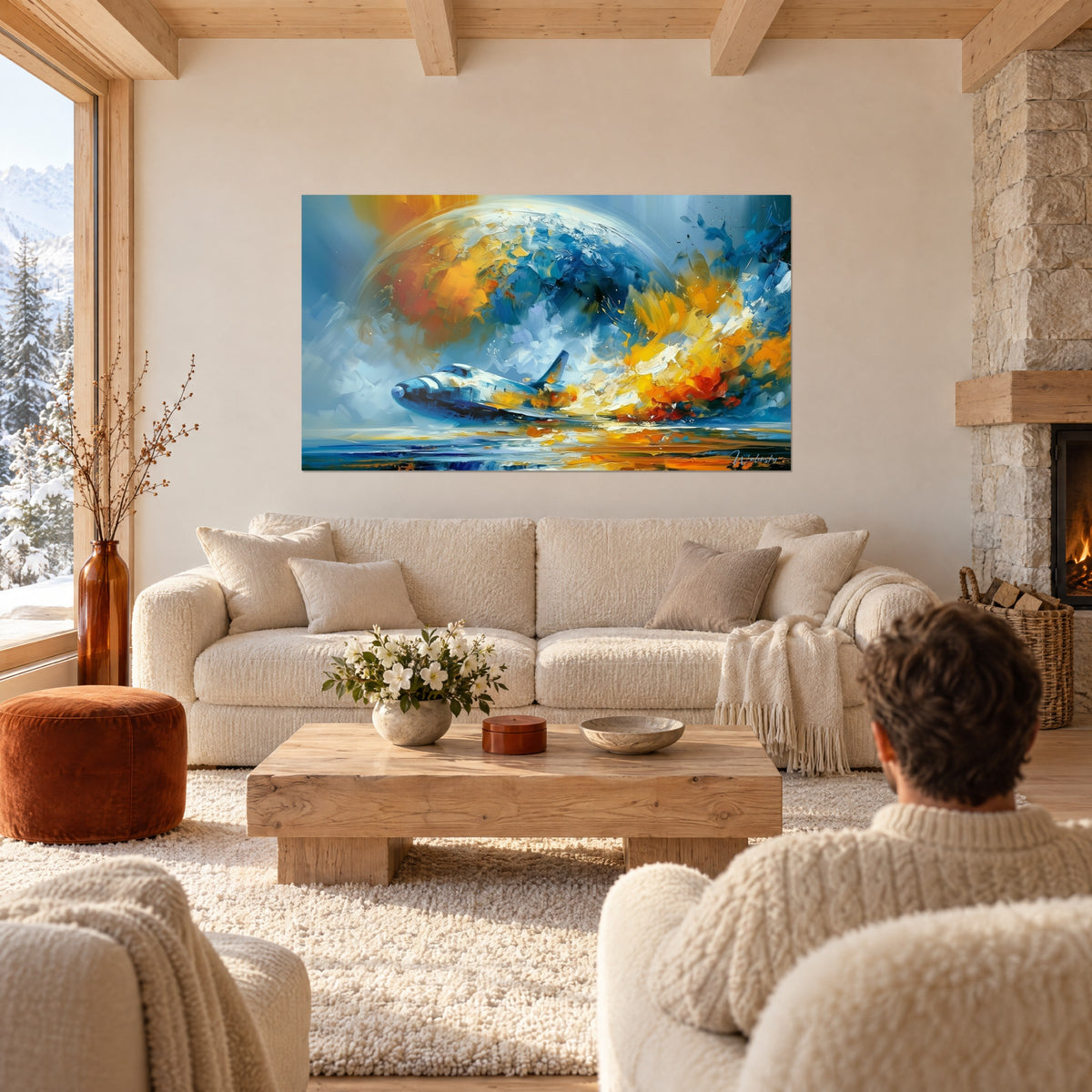 Tableau navette spatiale bleue et blanche cabrée devant un globe orangé, personne de dos, au-dessus d'un canapé dans un salon lumineux