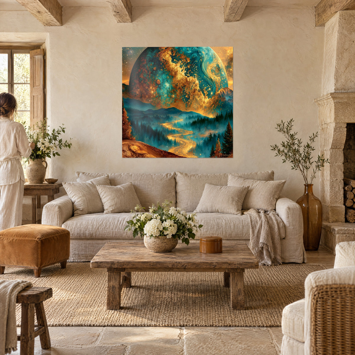 Tableau planète turquoise veinée d'or surplombant une forêt de sapins, deux personnes de dos, au-dessus d'un canapé dans un salon lumineux