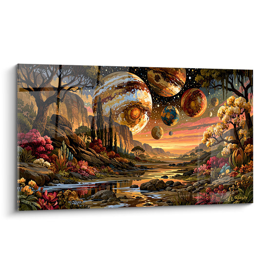 Planète ocre et sphères anthracite survolent une vallée fleurie rose et dorée baignée de lumière.