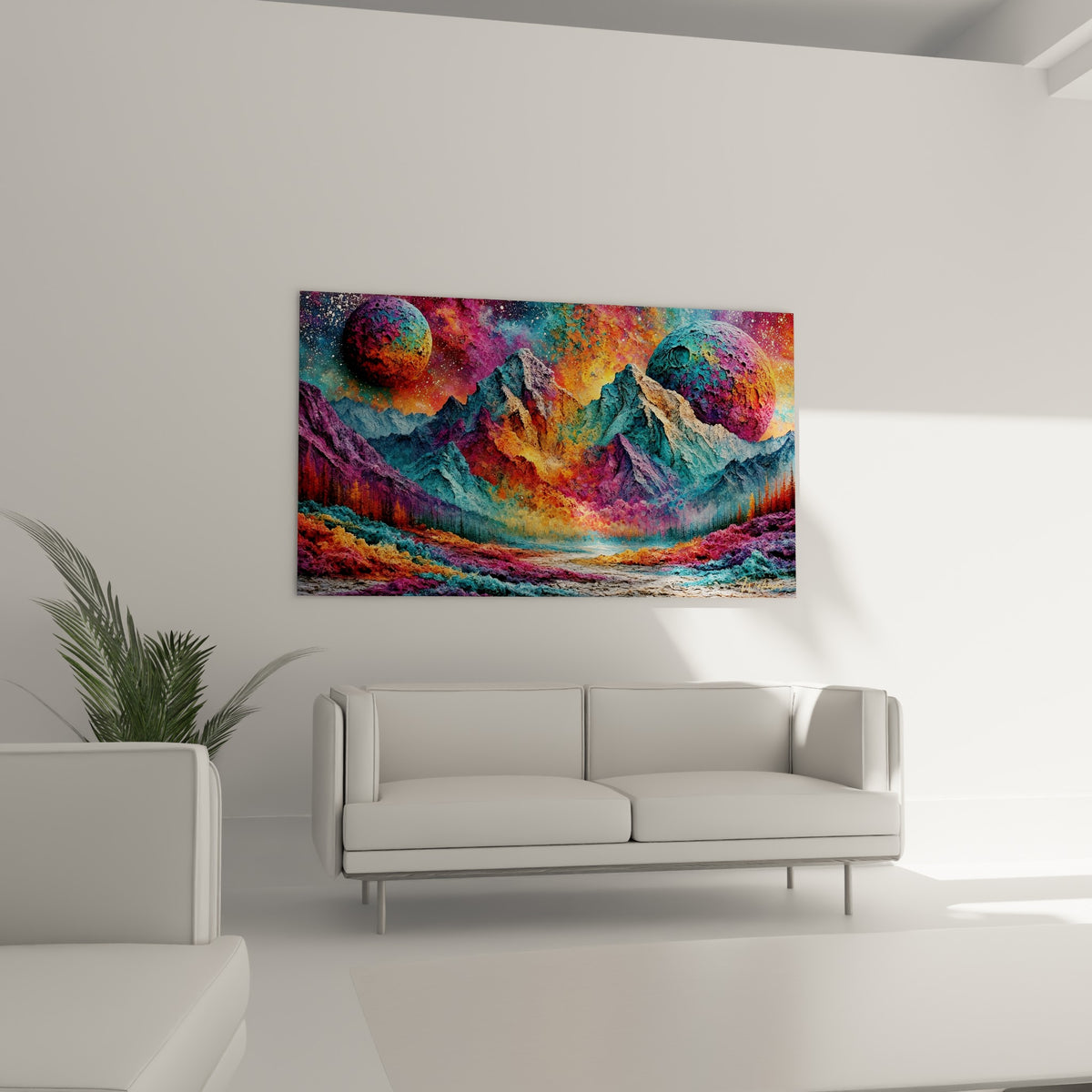 Lunes corail et vallée violette de ce tableau Planète suspendu au-dessus d'un canapé dans un salon lumineux