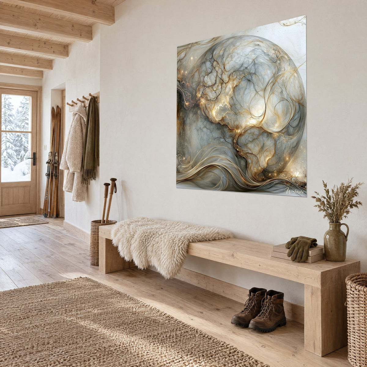 Tableau planète marbrée de veinures dorées sur fond blanc, gris et or, au-dessus d'un banc en bois de chalet