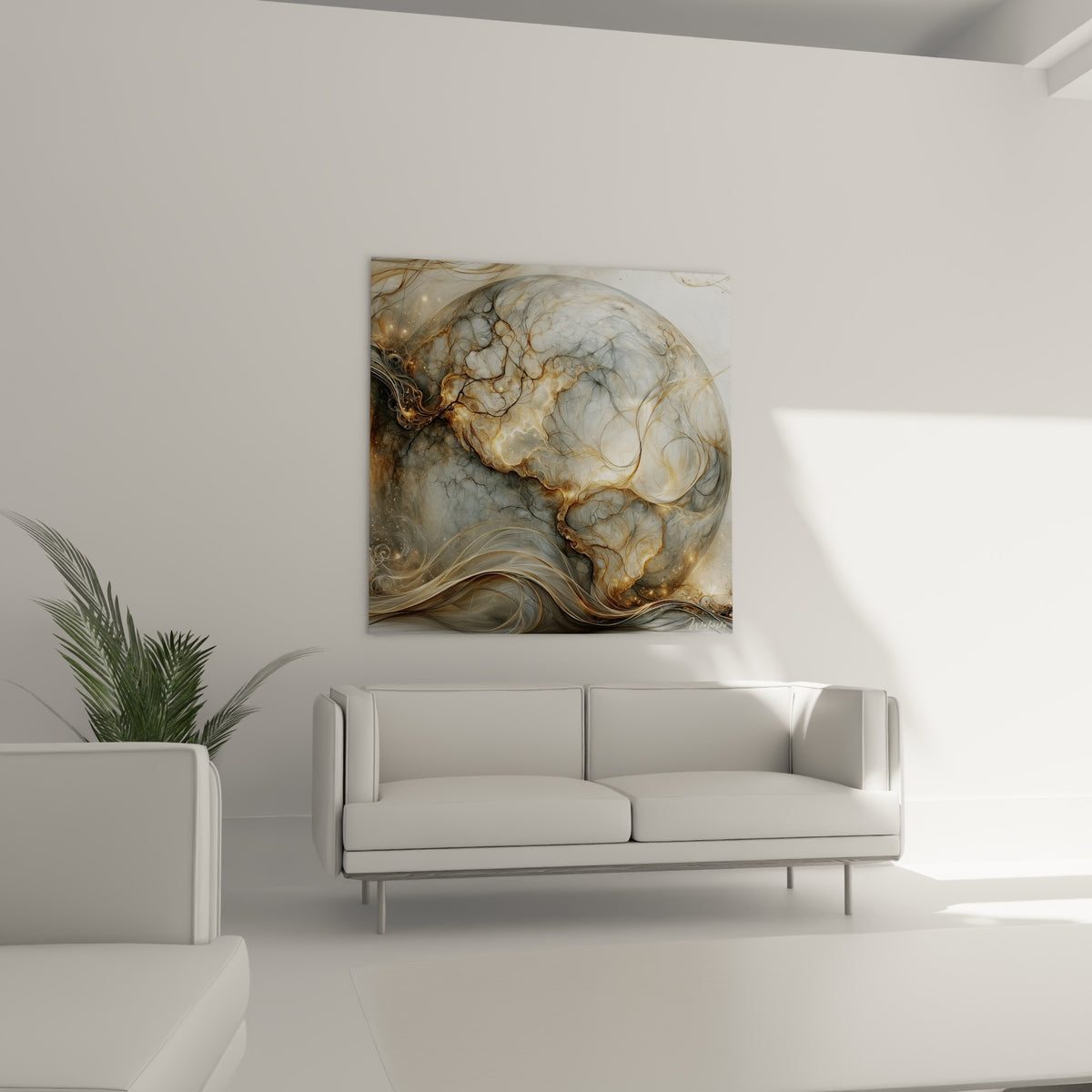 Œuvre Planète dorée et anthracite aux réseaux filamenteux, au-dessus d'un canapé dans un salon lumineux
