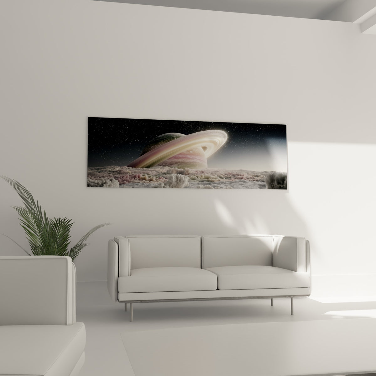Planète vert amande et anneaux lumineux dorés, accrochée au-dessus d'un canapé dans un salon lumineux