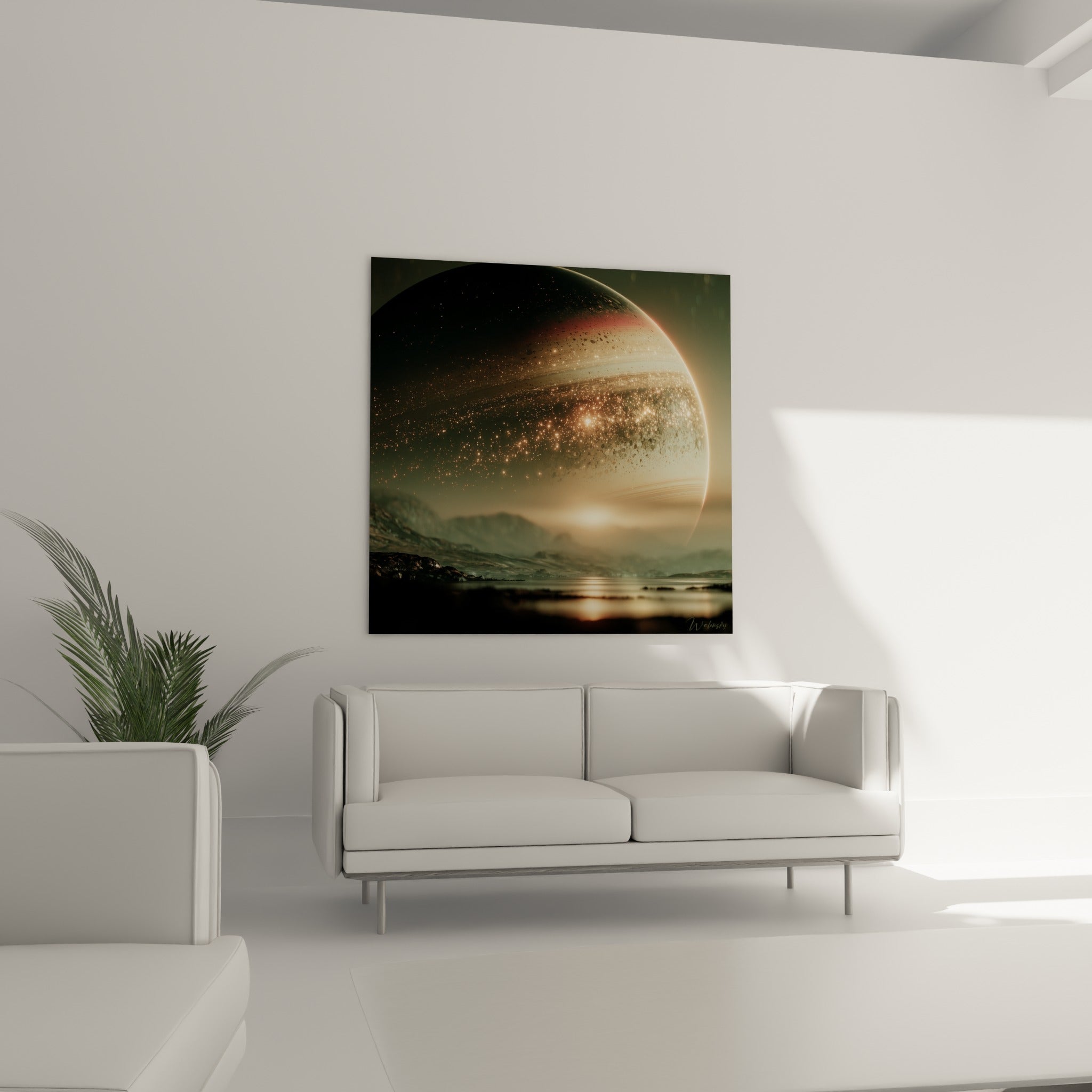 Planète anthracite et ocre nimbée de poussière stellaire, au-dessus d'un canapé dans un salon lumineux