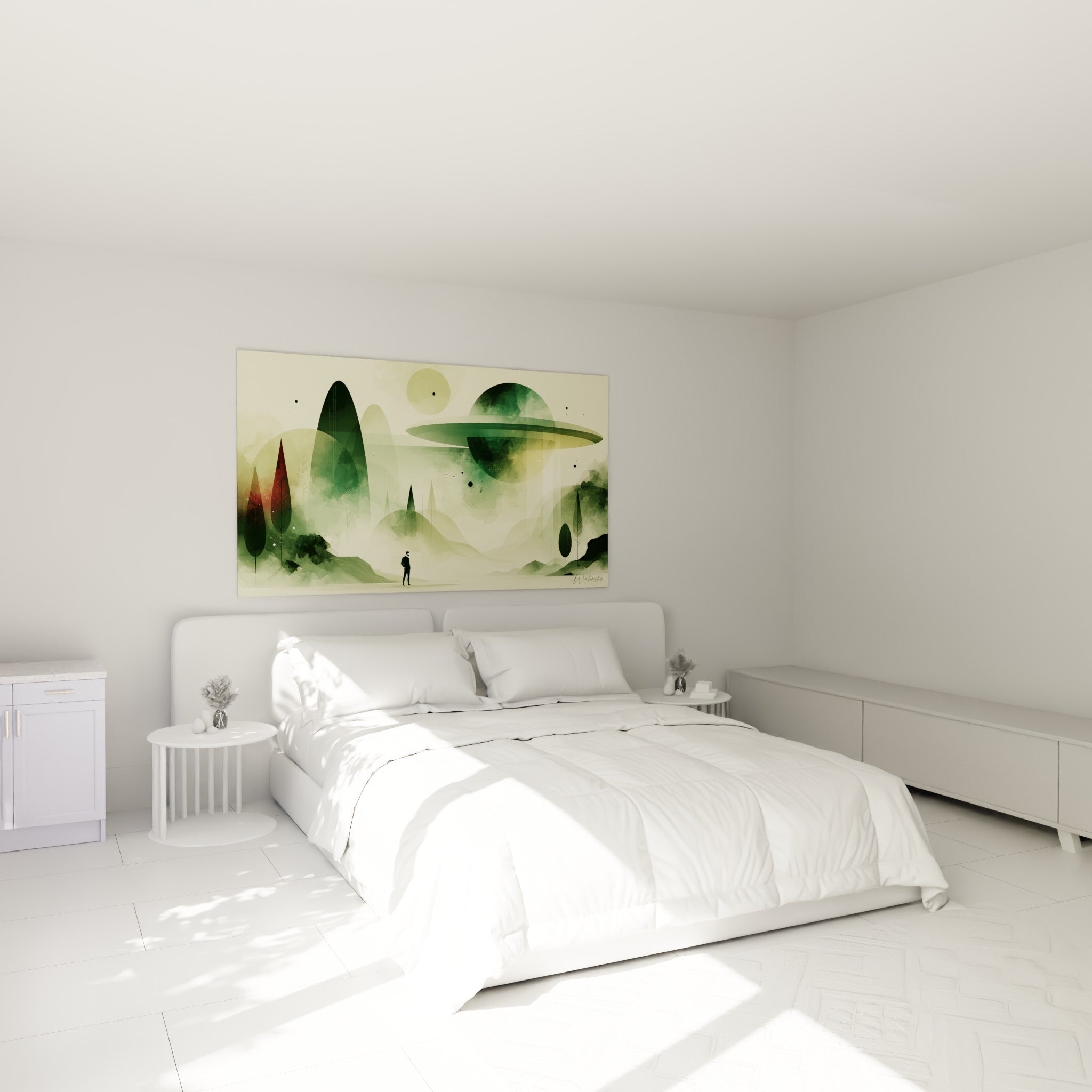 Silhouette noire contemplant une planète vert sauge et anthracite, accrochée au-dessus d'un lit dans une chambre claire