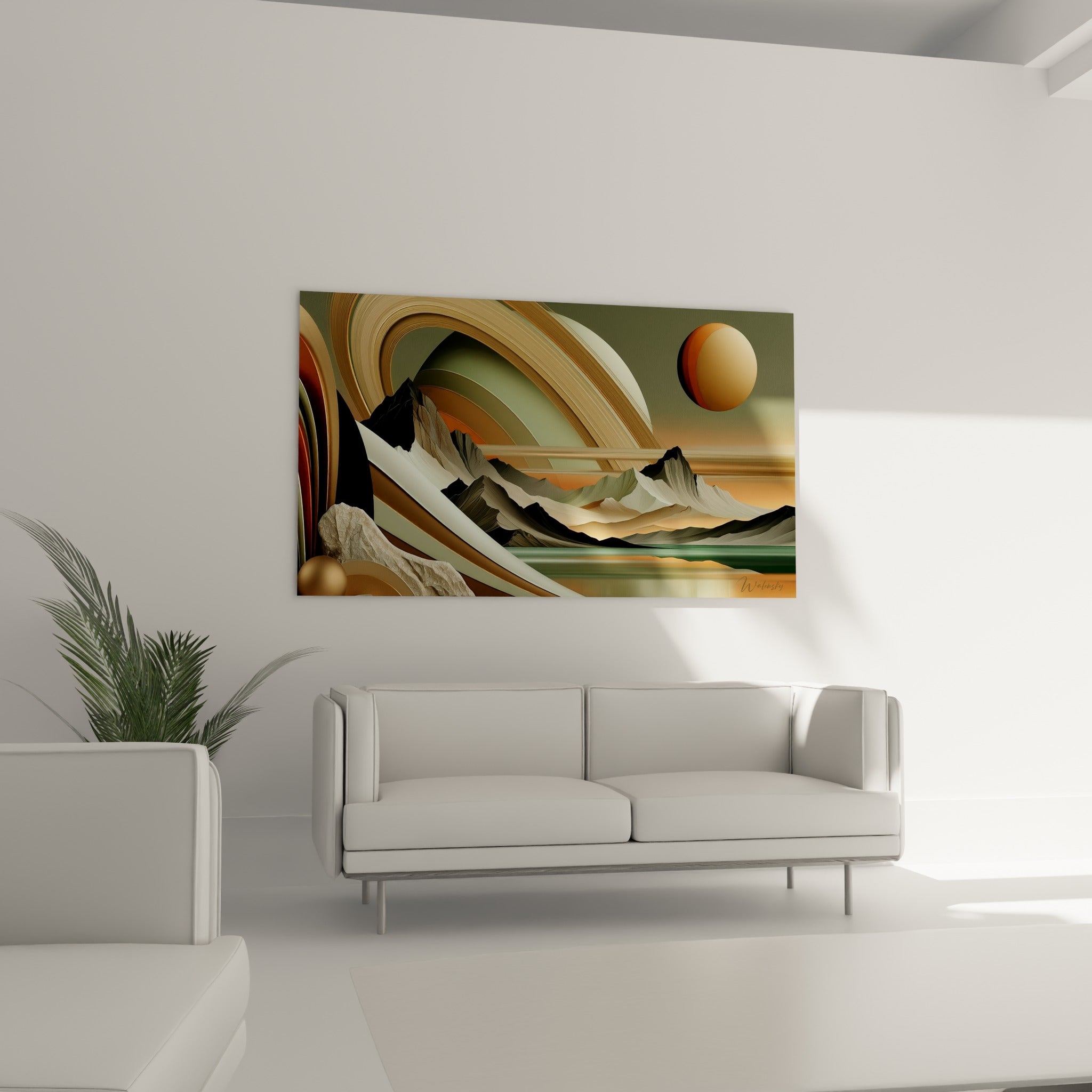 Sphère orangée et sommets beige de Planète installés au-dessus d'un canapé dans un salon lumineux