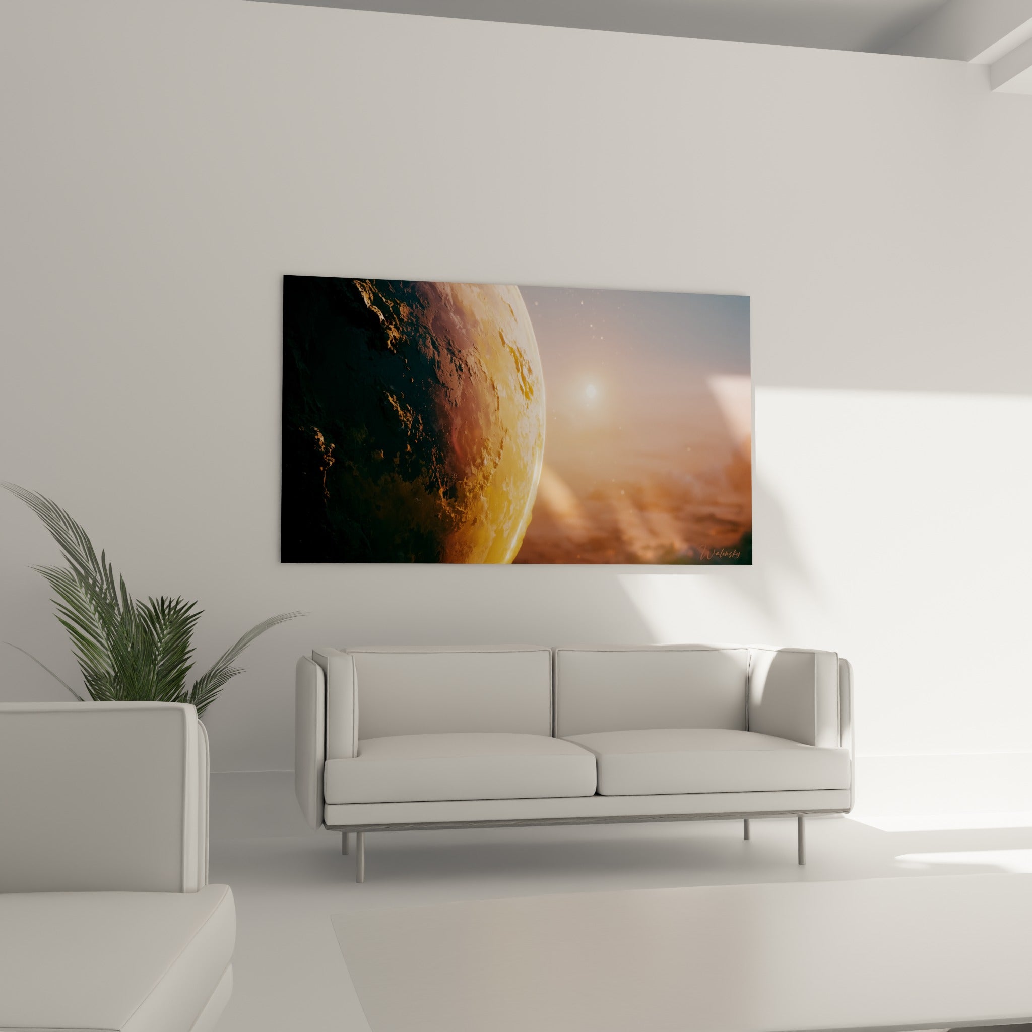 Monde rocheux doré et anthracite affiché au-dessus d'un canapé dans un salon lumineux