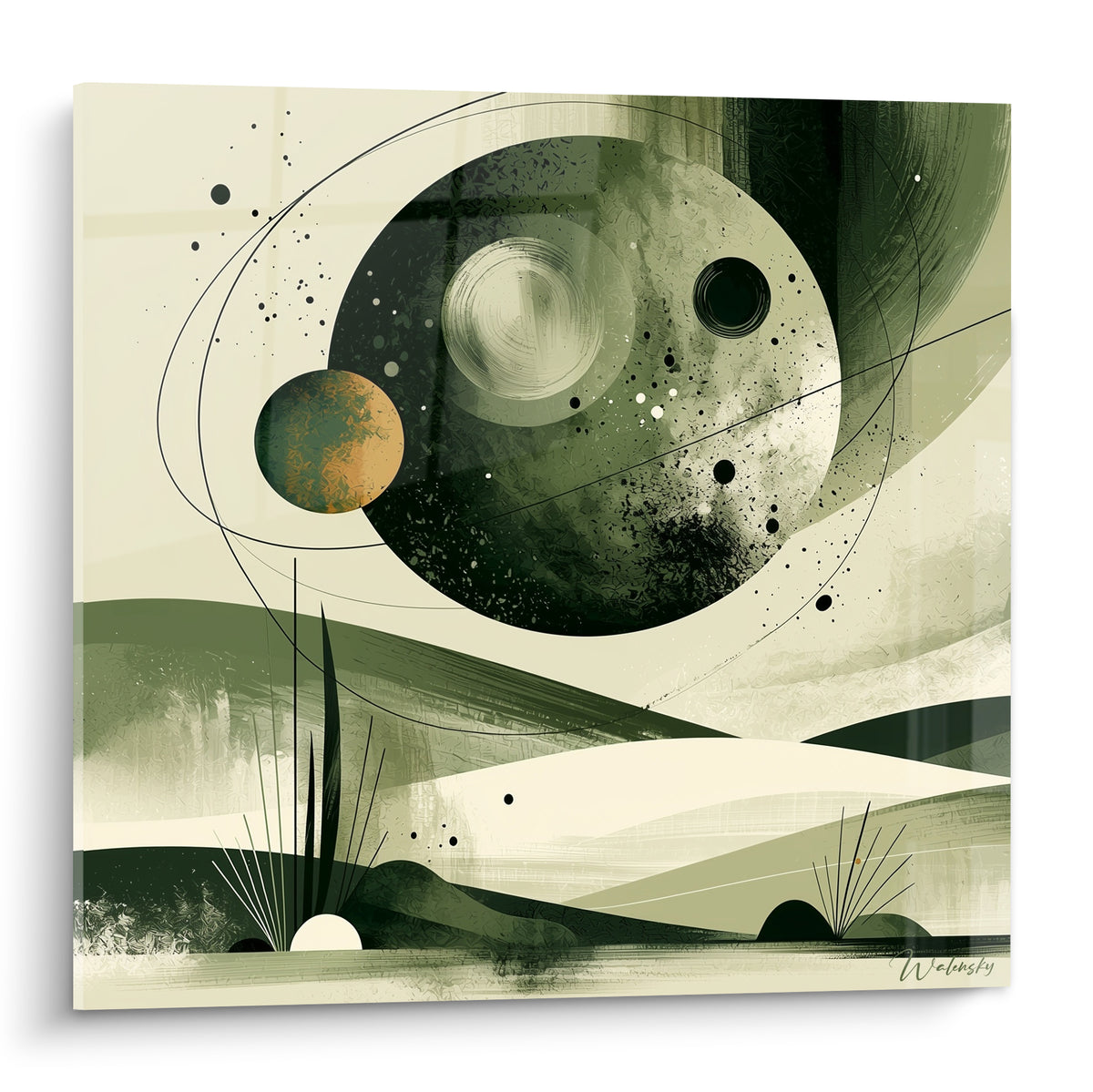 Planète verte texturée et lune orangée flottant sur des collines beige sable et vert kaki