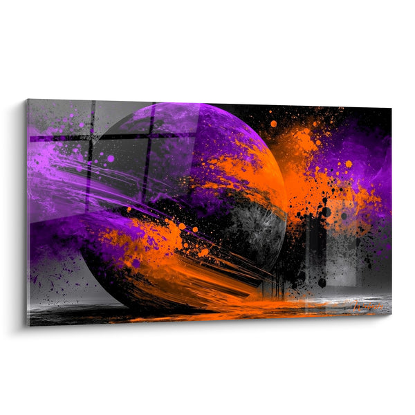 Tableau Sphère violette et orange aux éclaboussures explosives - Traînées lumineuses obliques - Edition Planète