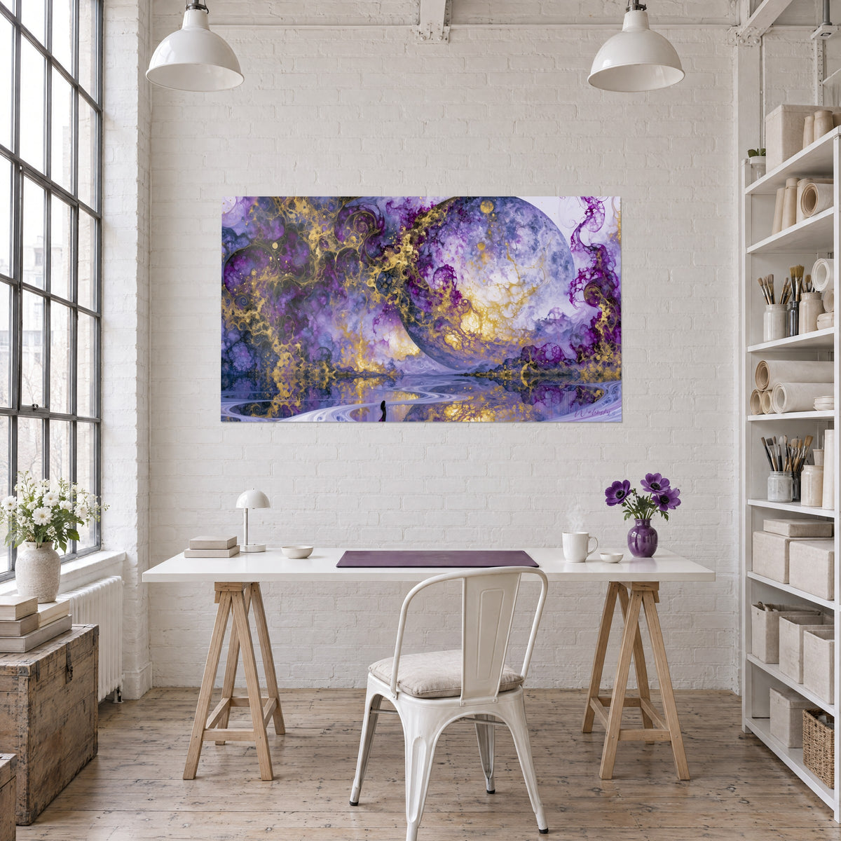 Obraz fioletowy kosmos przecinany złotymi żebrami, odbicie w mlecznej wodzie, zawieszony nad białym biurkiem obok regału na książki