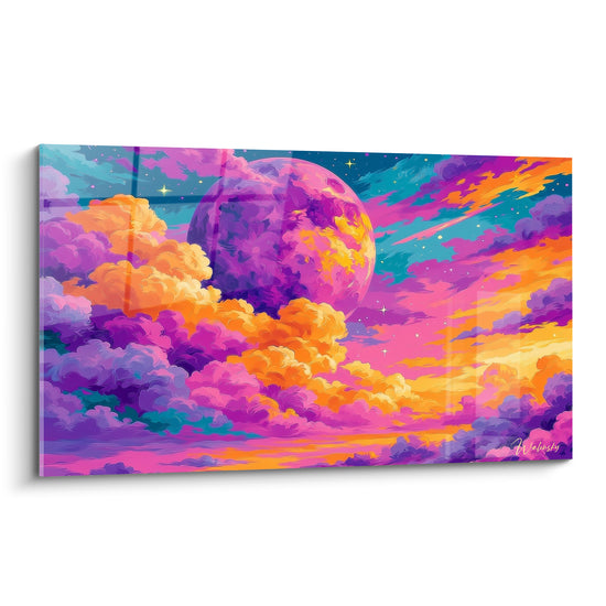 Planète violette entourée de nuages orange et roses sous un ciel étoilé bleu profond