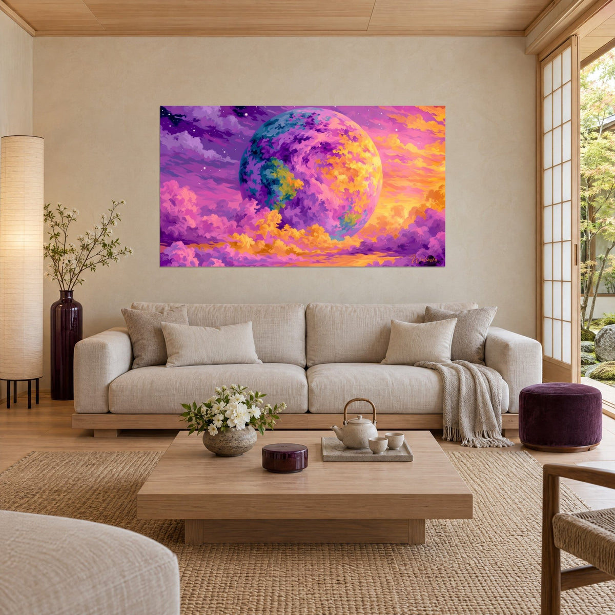 Tableau globe terrestre violet et doré aux nuées mordorées dans un ciel étoilé, au-dessus d'un canapé dans un salon lumineux