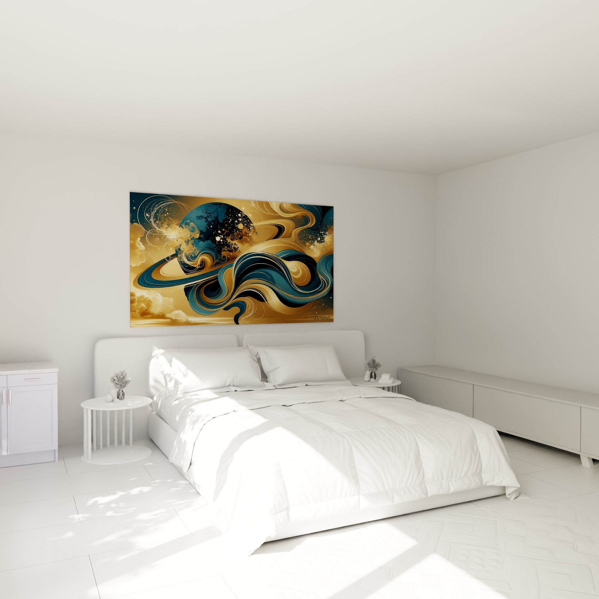 Anneaux dorés et bleu marine d'une planète cosmique au-dessus d'un lit dans une chambre claire