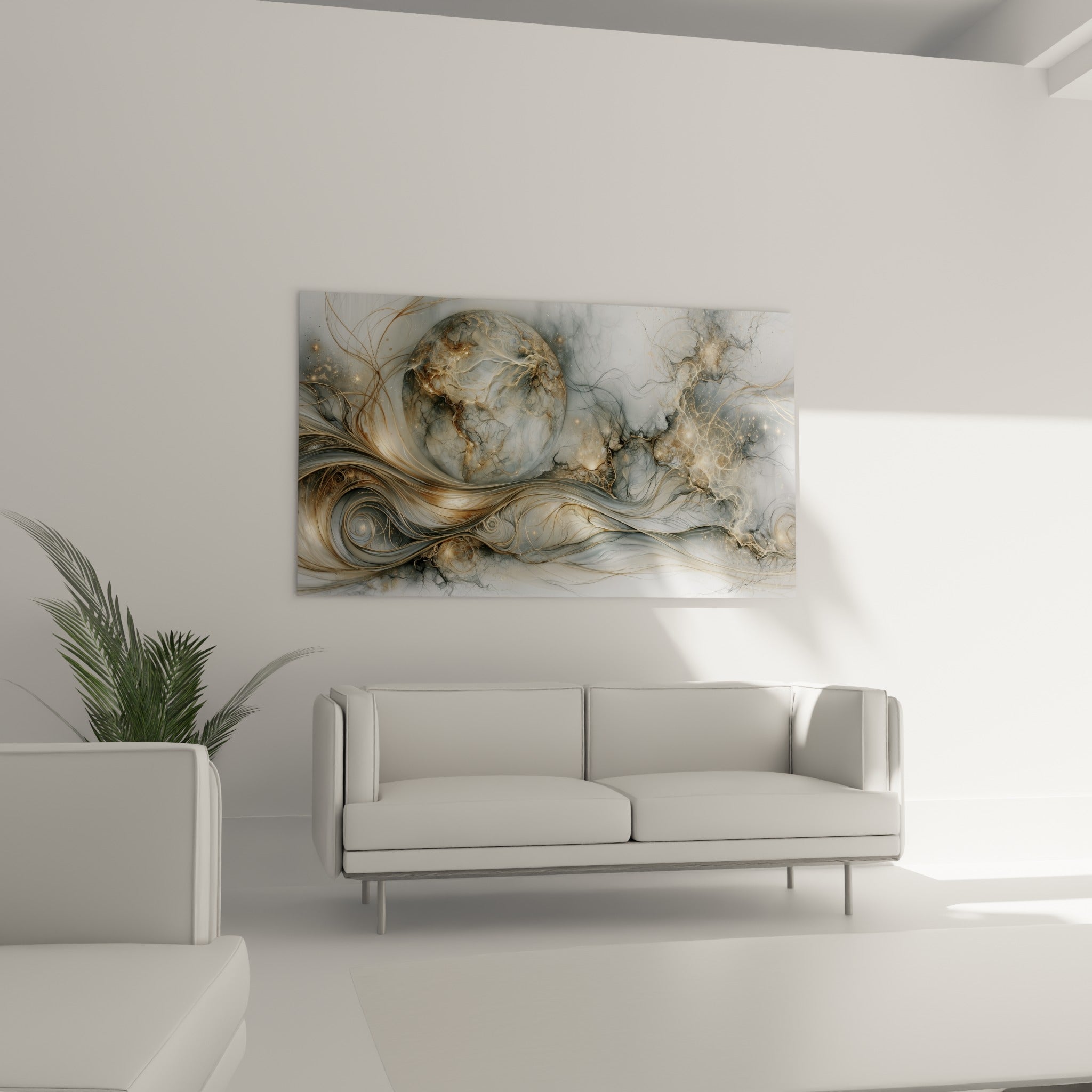 Filaments dorés et gris anthracite tissant un globe terrestre abstrait, au-dessus d'un canapé dans un salon lumineux.