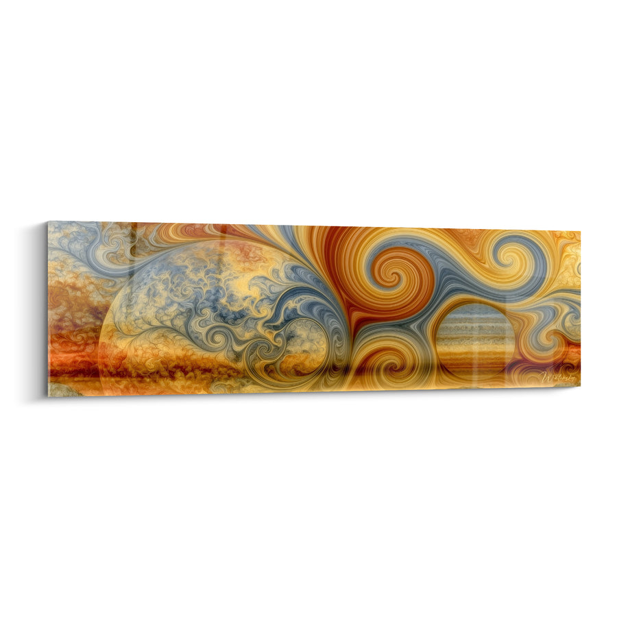 Tableau Deux planètes bleues et dorées aux volutes entrelacées - Panorama céleste jumeau - Edition Planète
