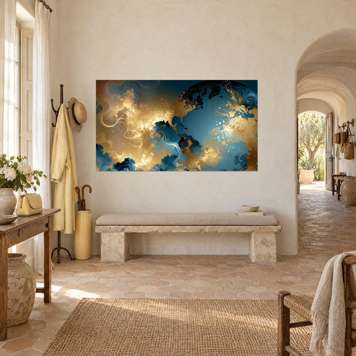 Tableau planète aux continents dorés éclatés sur océan bleu pétrole, volutes lumineuses, mur chaulé d'un mas provençal et arche