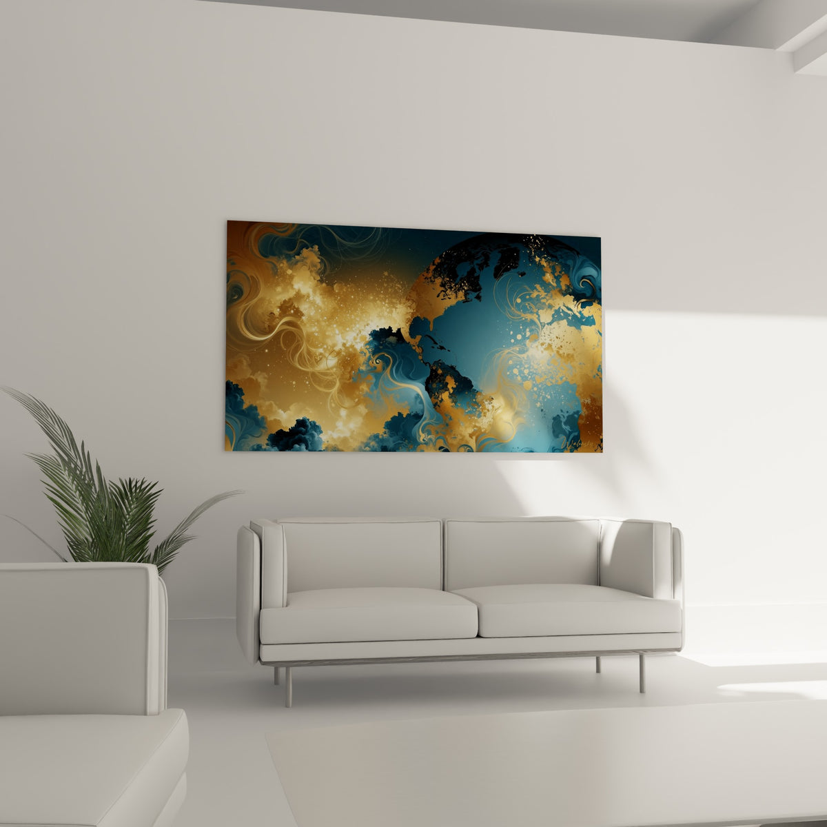 Globe doré et bleu marine aux volutes lumineuses, accroché au-dessus d'un canapé dans un salon lumineux.