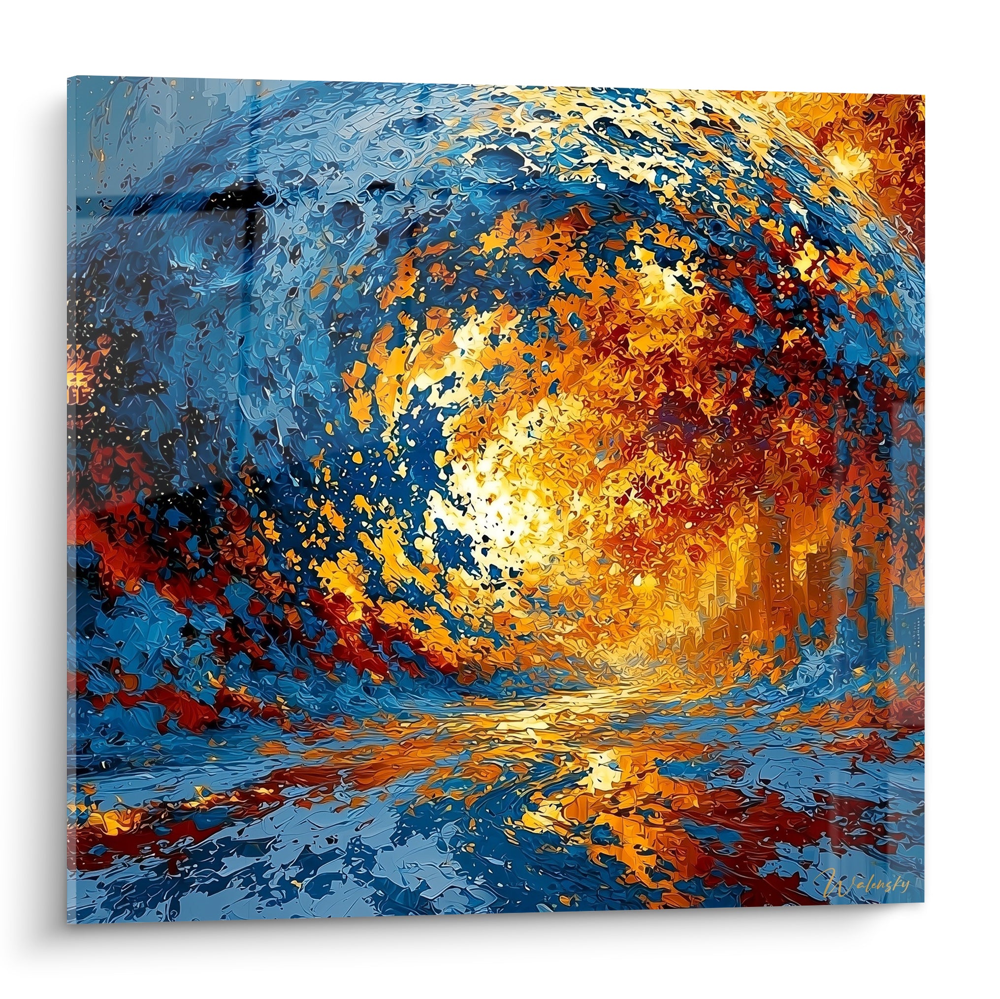 Vortex Planète en spirale bleu marine et orange doré, cœur lumineux incandescent sur toile texturée