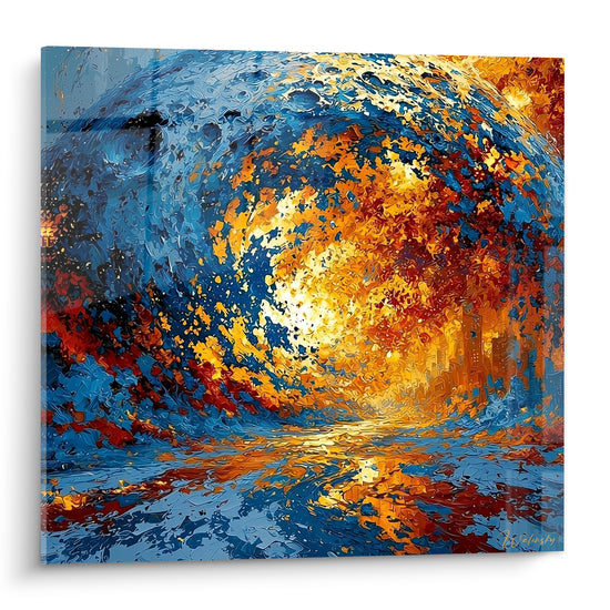 Vortex Planète en spirale bleu marine et orange doré, cœur lumineux incandescent sur toile texturée