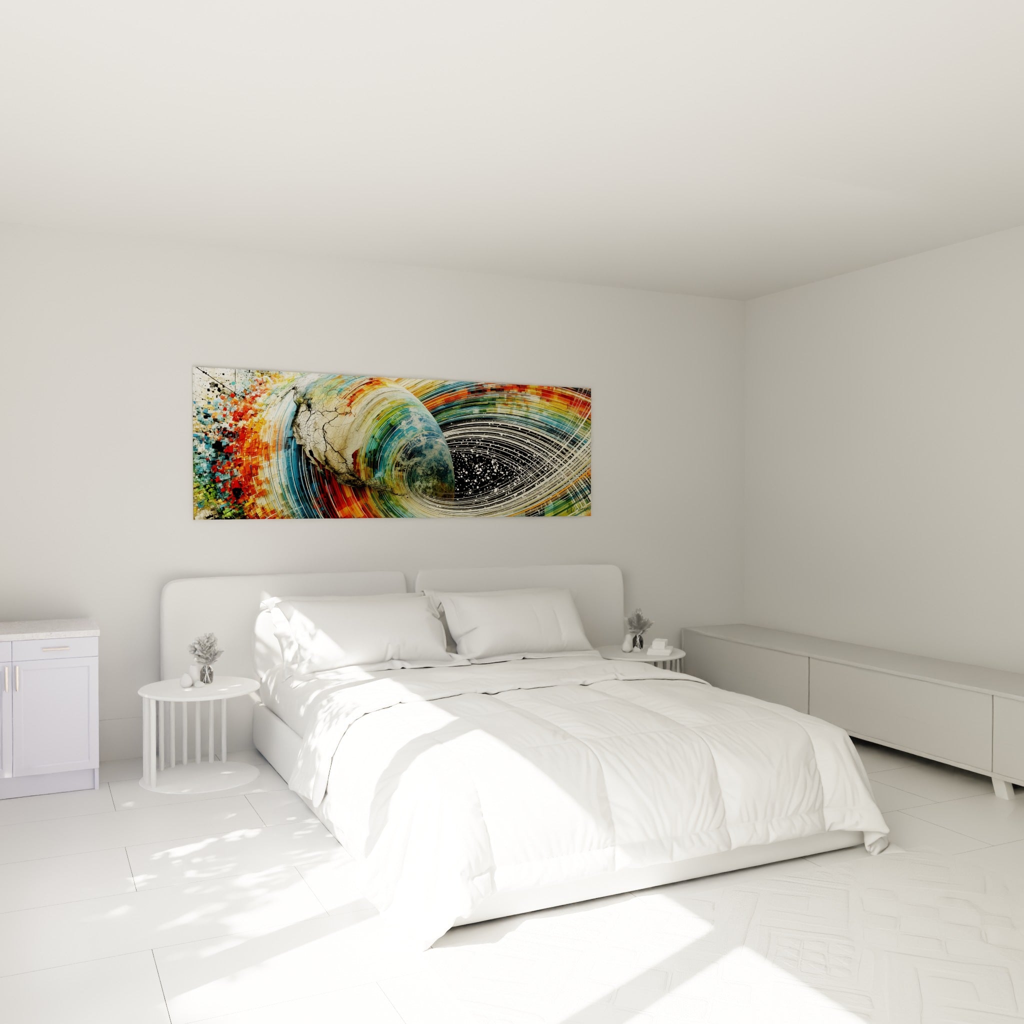 Spirale colorée bleu marine et orange autour de la Terre fissurée, accrochée au-dessus d'un lit dans une chambre claire