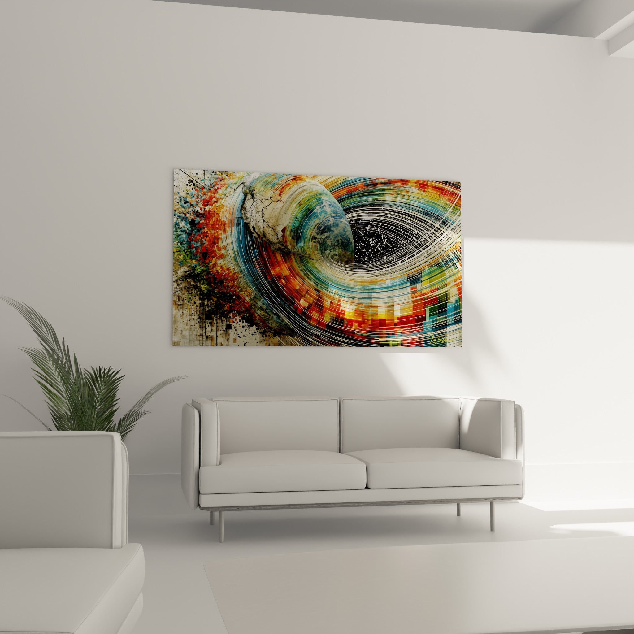 Vortex terrestre rouge terracotta et vert sauge exposé au-dessus d'un canapé dans un salon lumineux