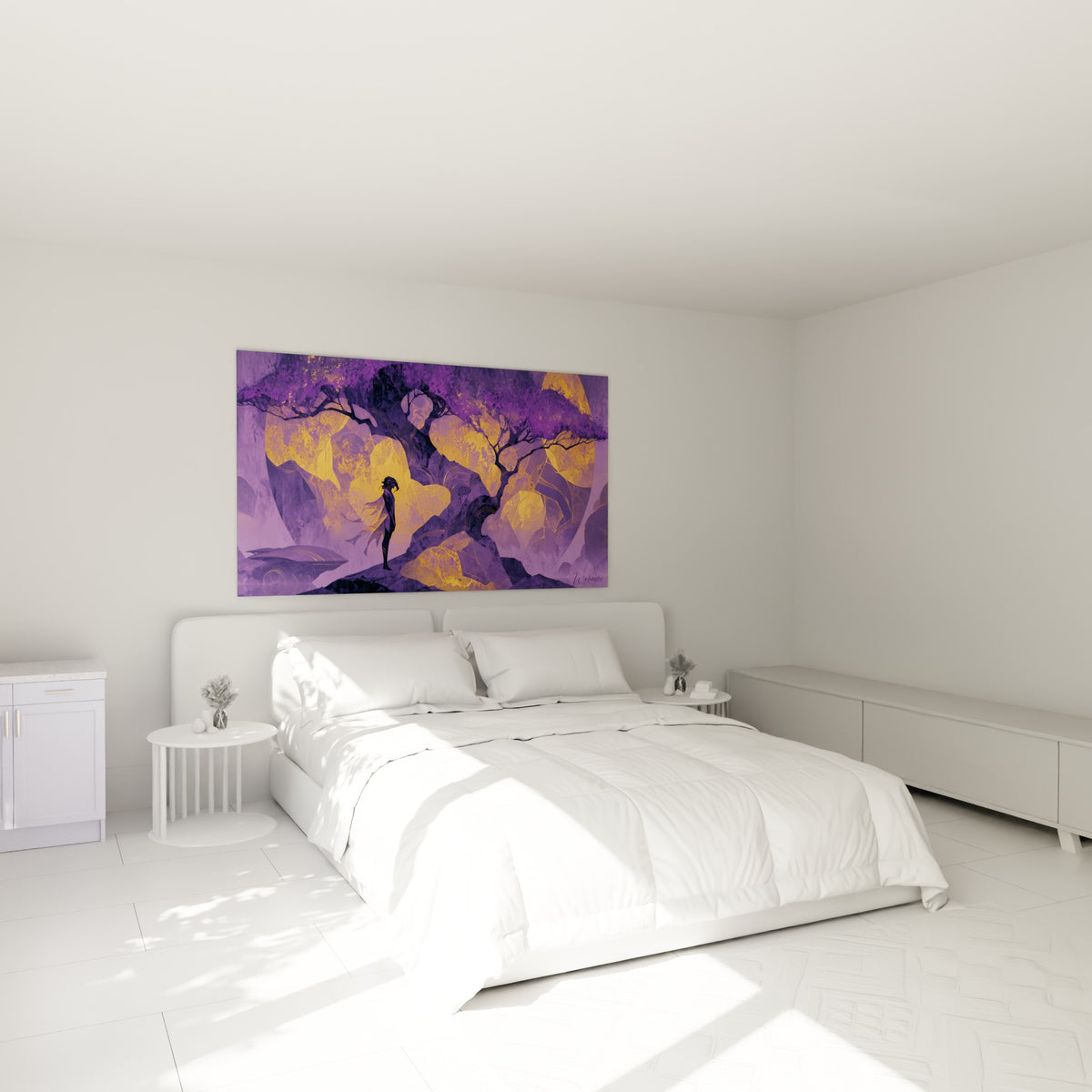 Voyageur solitaire aux teintes violettes et ocre, œuvre accrochée au-dessus d'un lit dans une chambre claire.