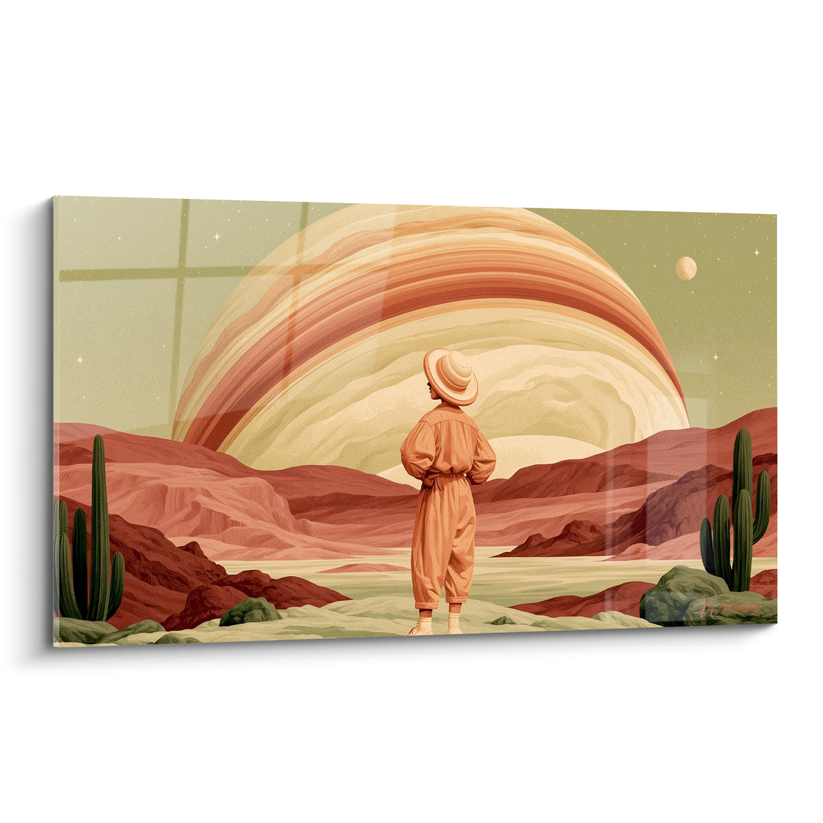 Voyageuse en combinaison beige contemplant une planète ocre et crème dans un désert terracotta