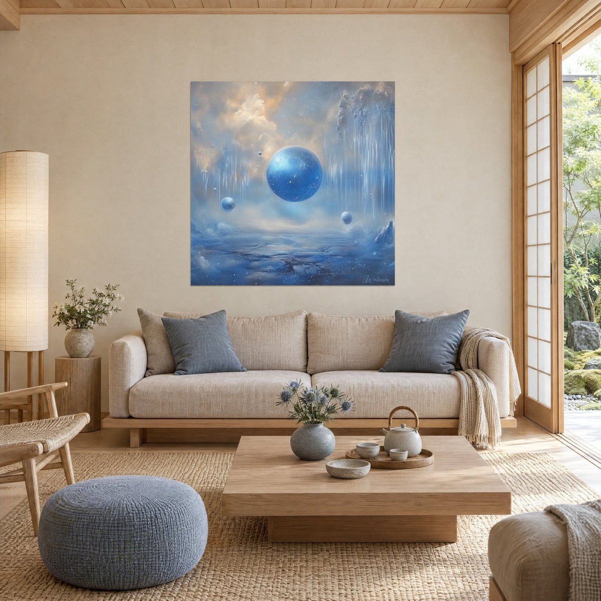 Wall art large cobalt blue sphere floating in front of a golden sky and ice stalactites, above the sofa in a bright living room