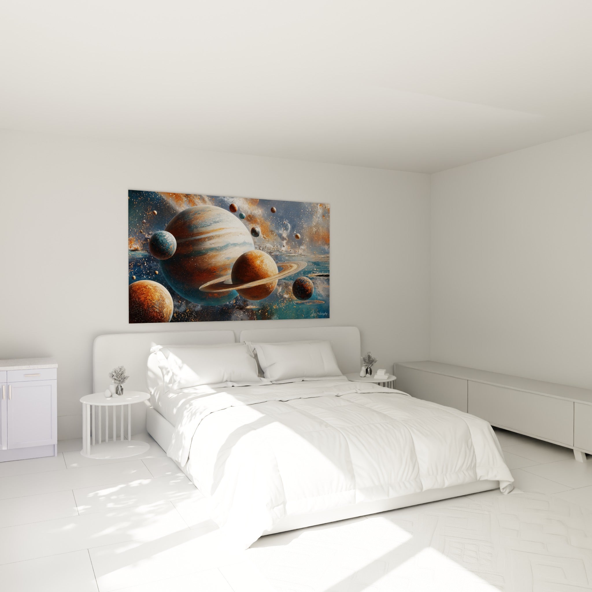 Wandkunst Kosmische Planeten schmückt elegant ein modernes Schlafzimmer mit Weltraum-Atmosphäre
