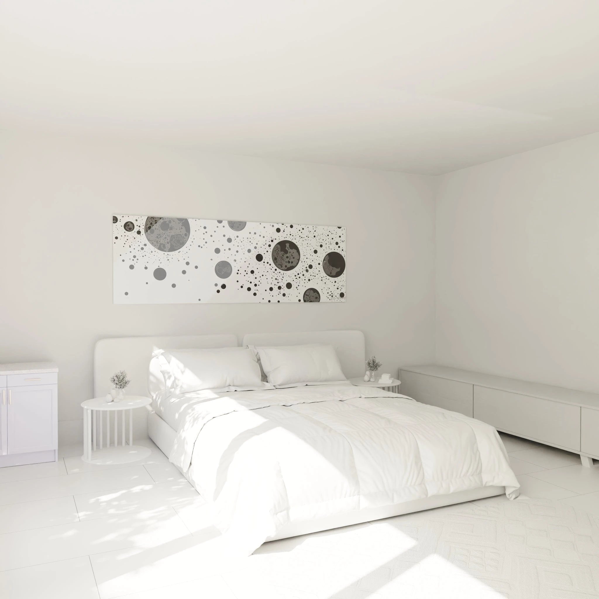 Tableau tacheté noir et blanc de Walensky décorant une chambre moderne et minimaliste