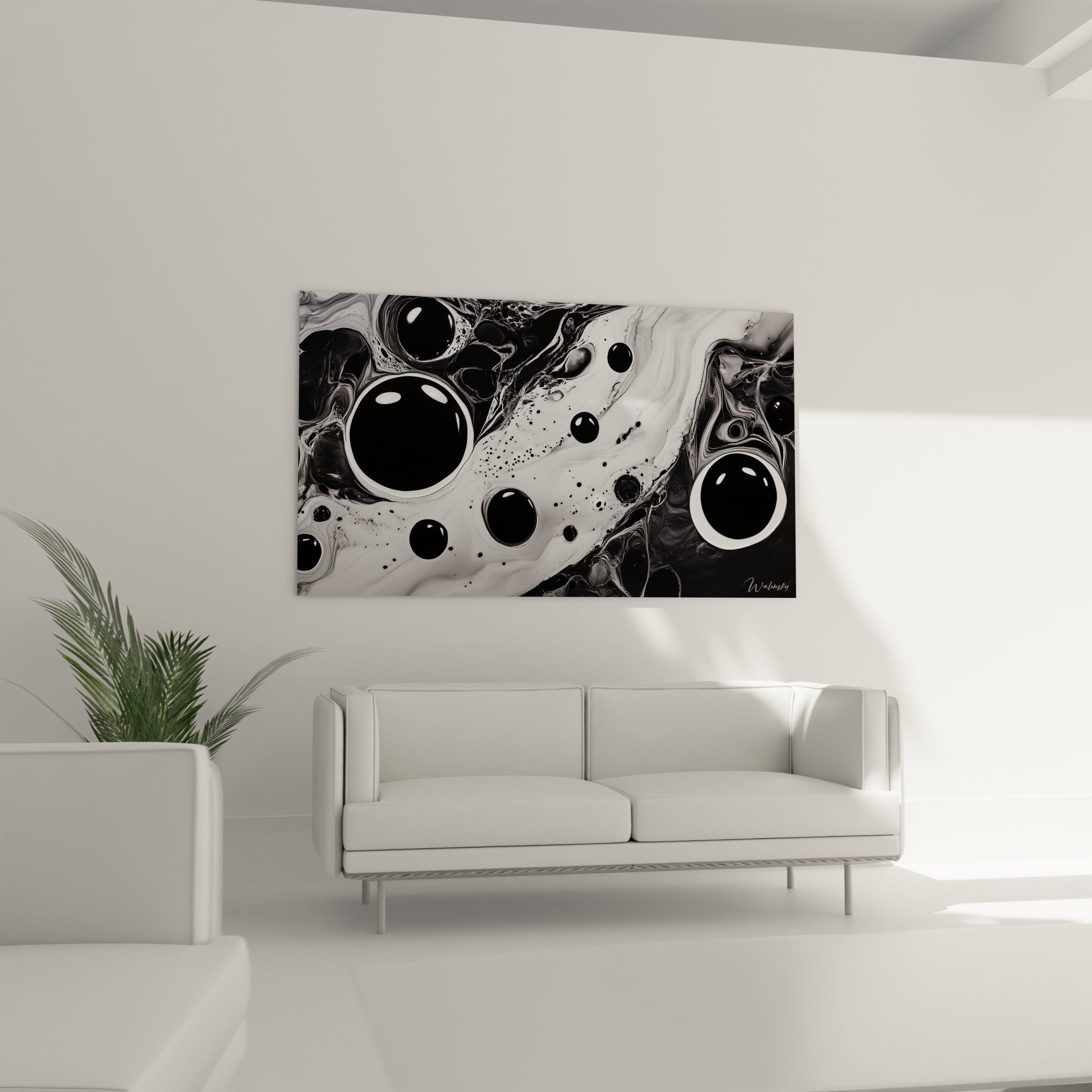 Tableau tacheté noir et blanc de Walensky avec motifs abstraits sur fond clair